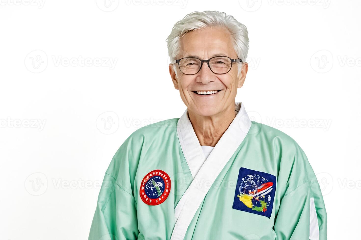 Portrait of a happy, elderly man wearing a green robe with a space-themed patch photo