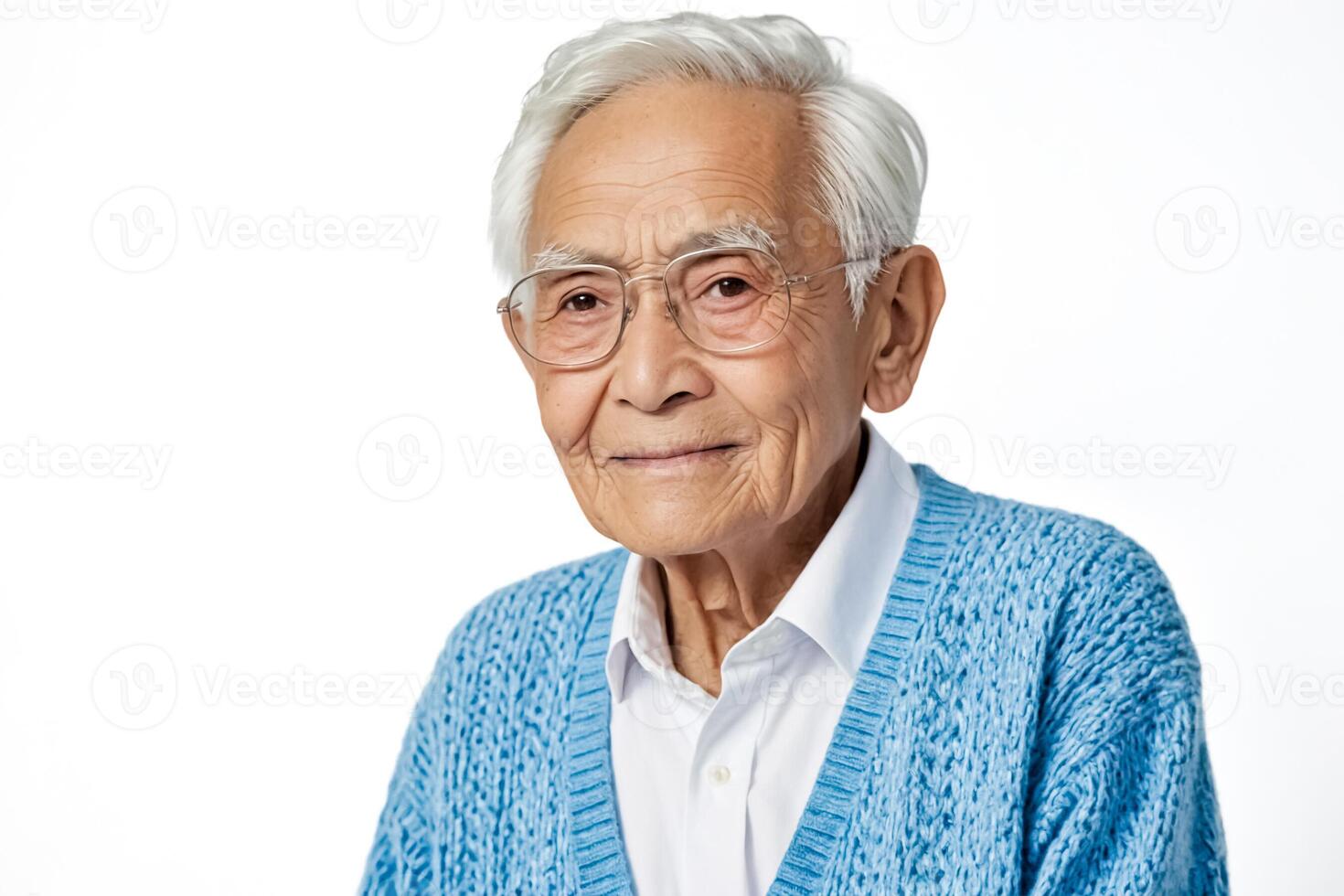 Senior man with white hair and glasses smiles photo