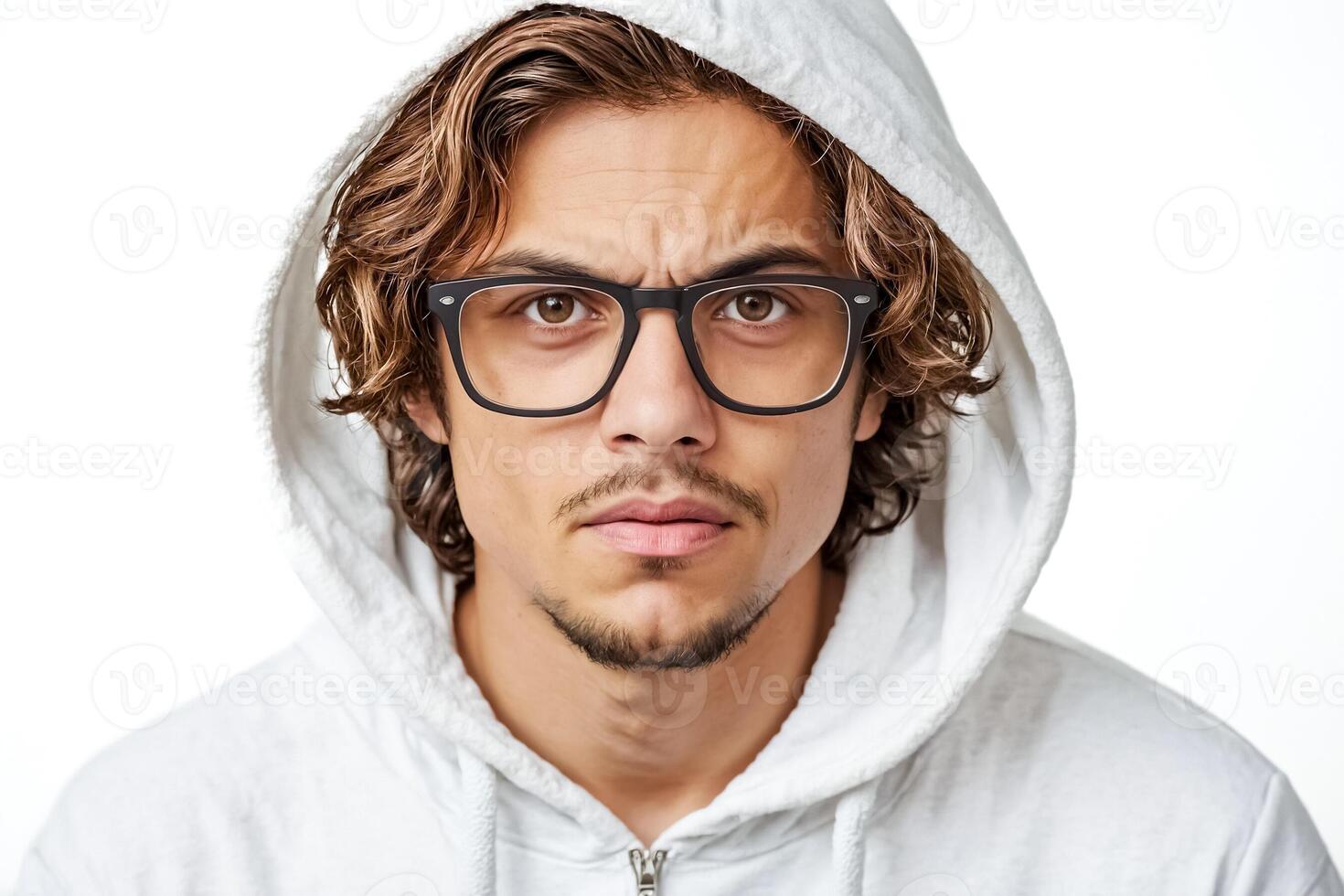 Portrait of a young man wearing a white hoodie and glasses, looking serious photo
