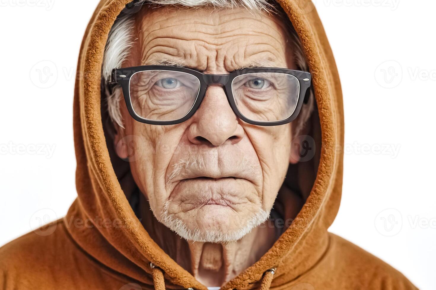Close-up of a senior man wearing a brown hoodie photo