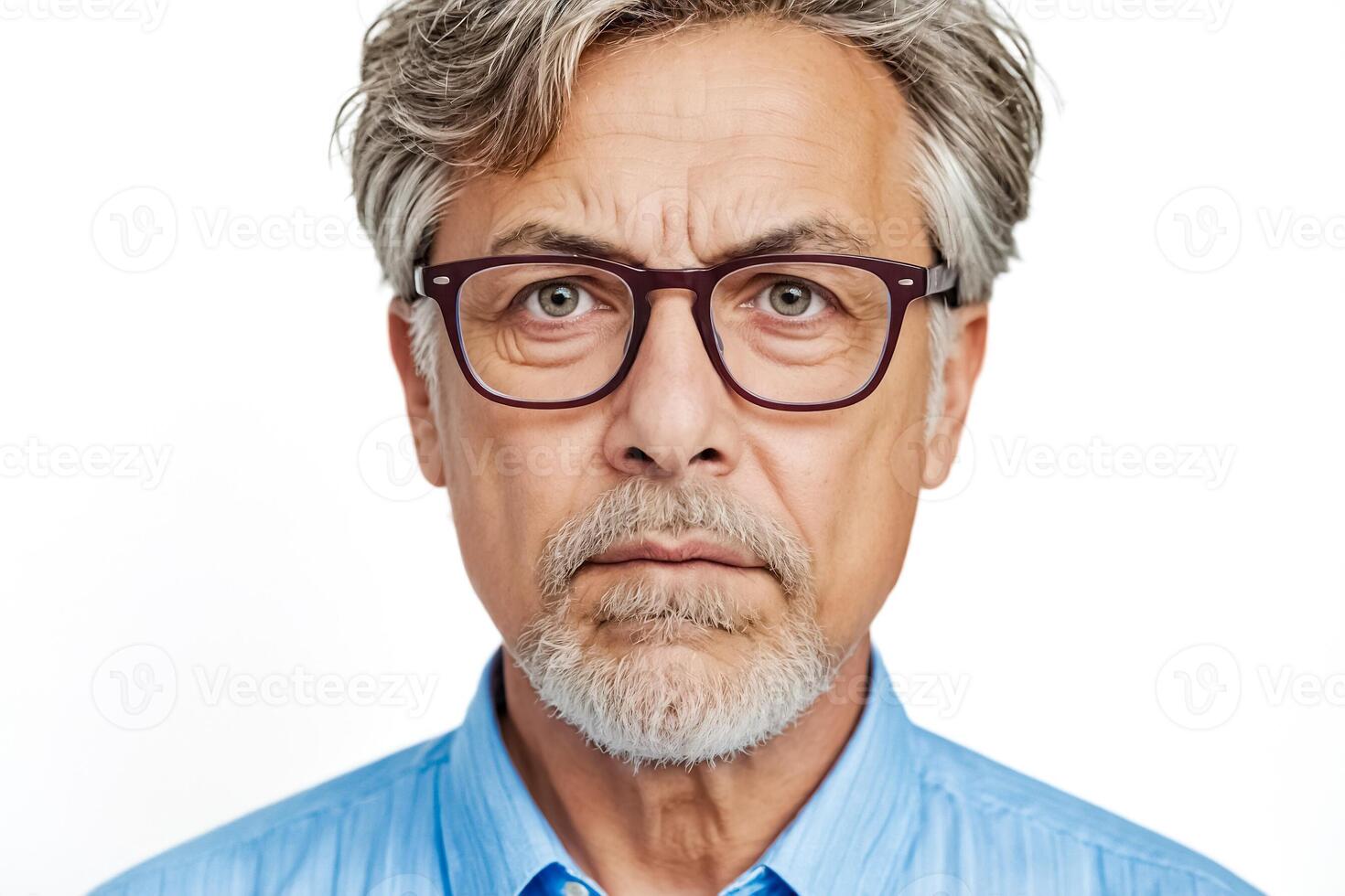 Portrait of a thoughtful senior man with gray hair and beard wearing eyeglasses photo