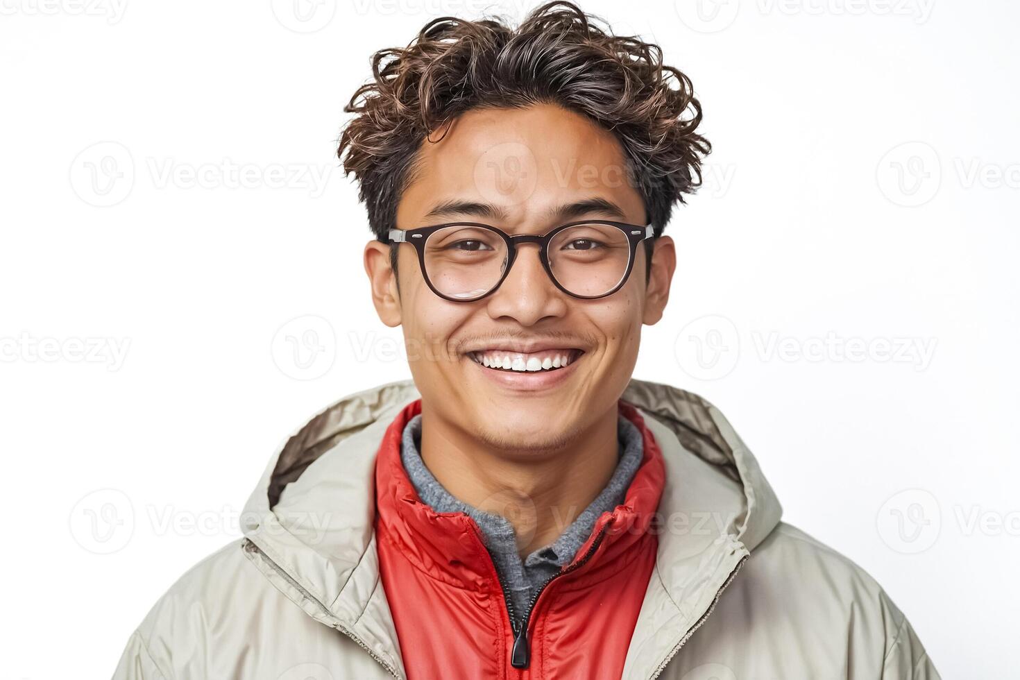 Portrait of a smiling young man with curly hair wearing glasses and a hooded jacket photo