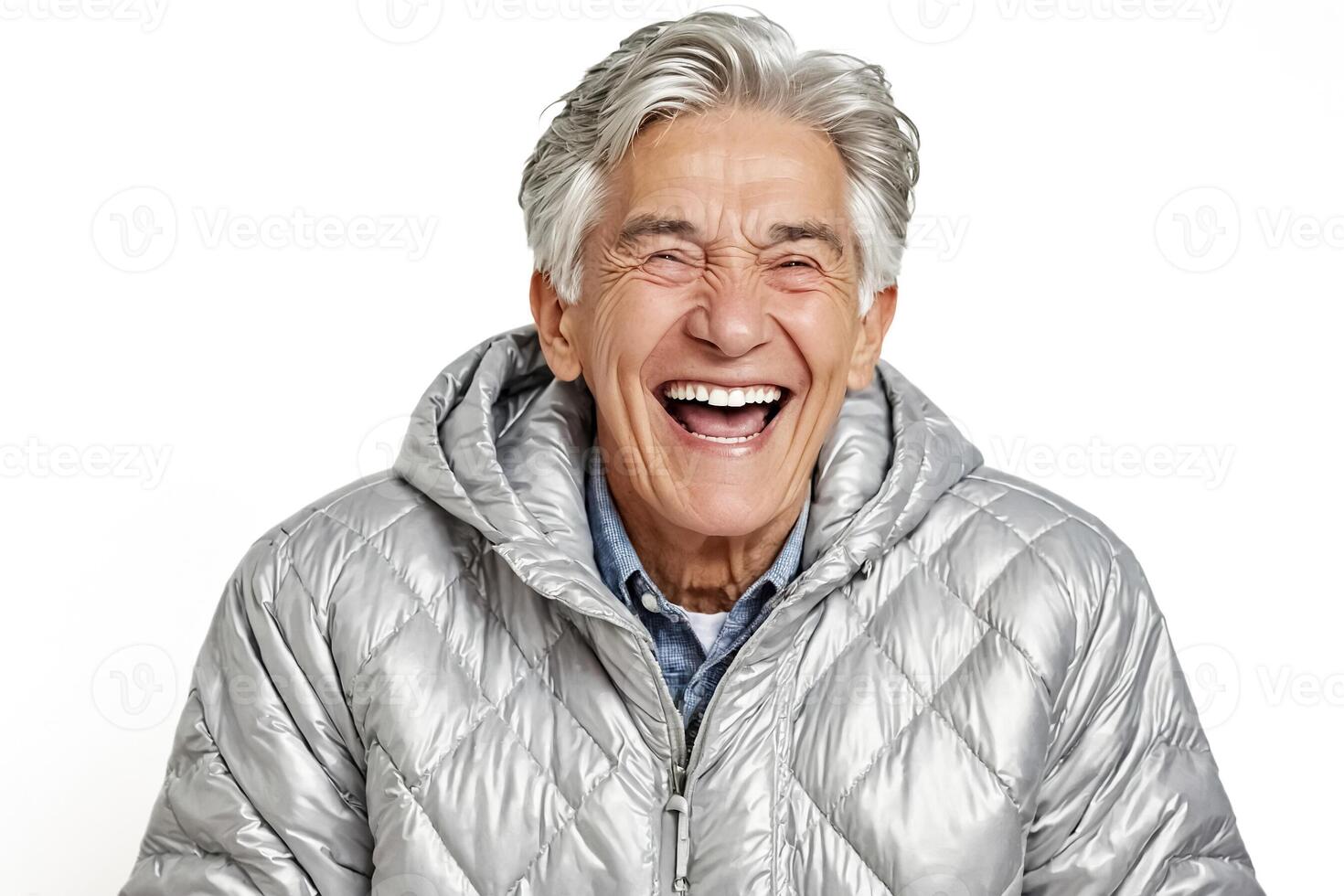 Happy senior man laughing in a puffer jacket photo