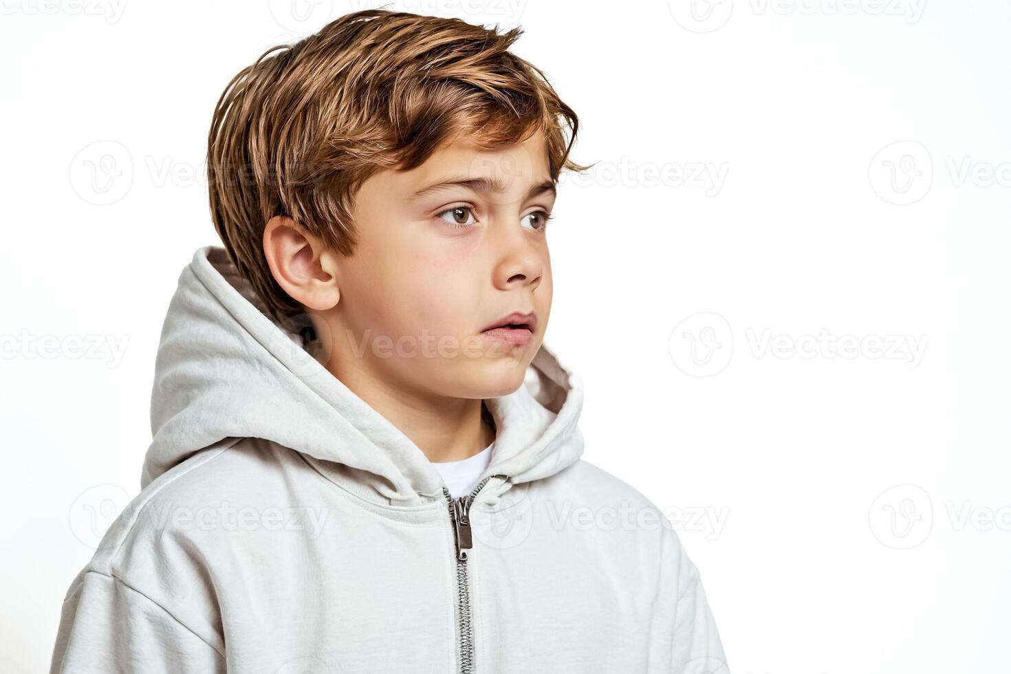 Young boy in a white hoodie looking to the side photo