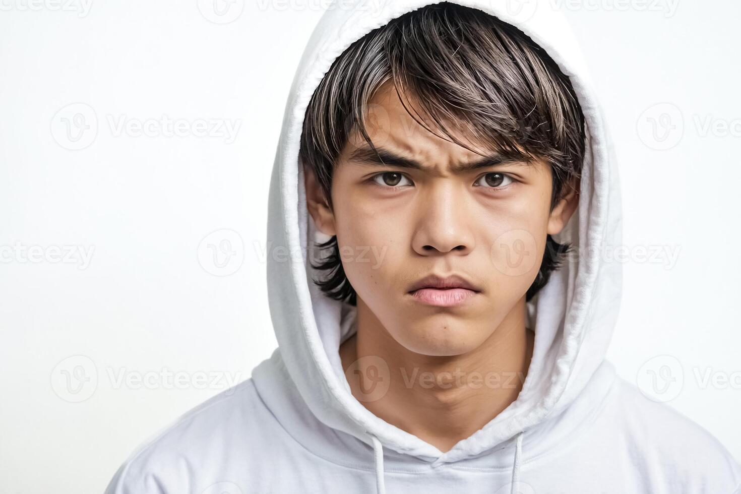 Young man in white hoodie with serious expression photo