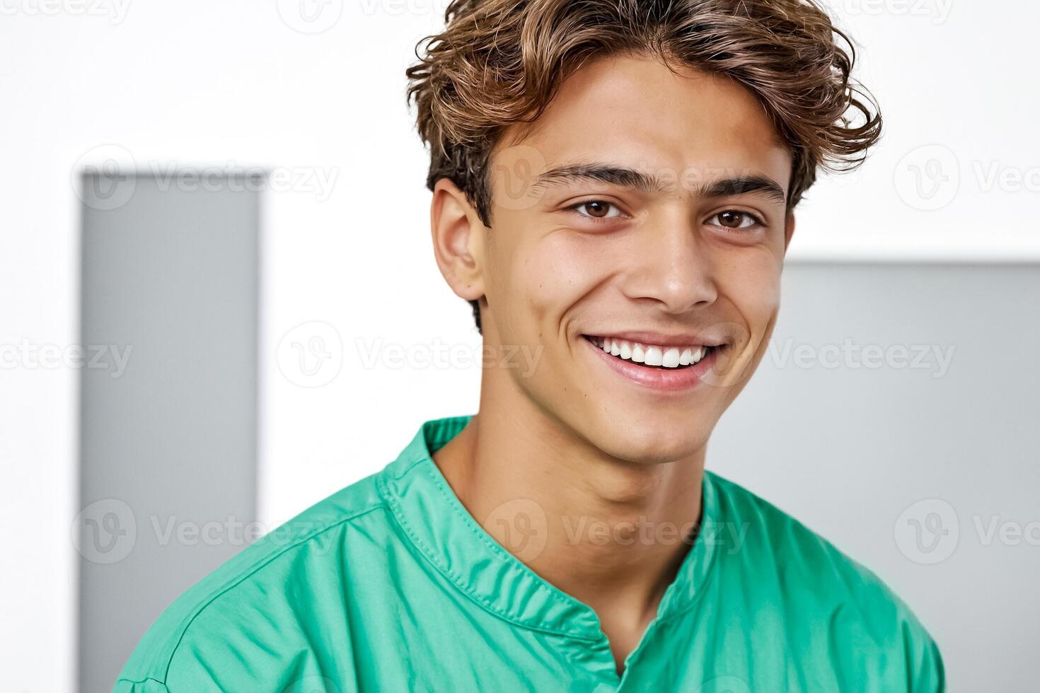 Portrait of a smiling young man in a green shirt photo
