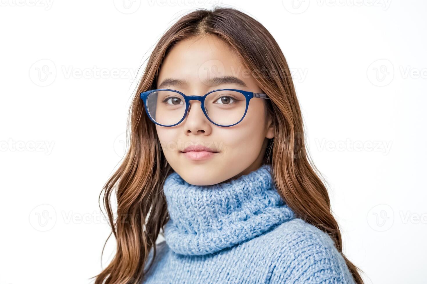 Portrait of a young woman wearing glasses and a blue sweater photo