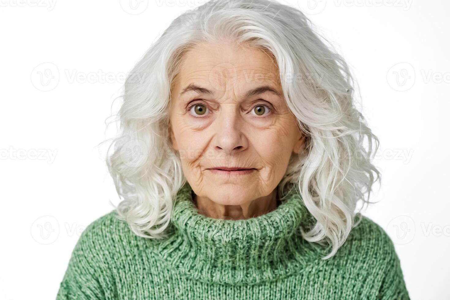 Portrait of a Senior Woman with Gray Hair and a Green Sweater photo