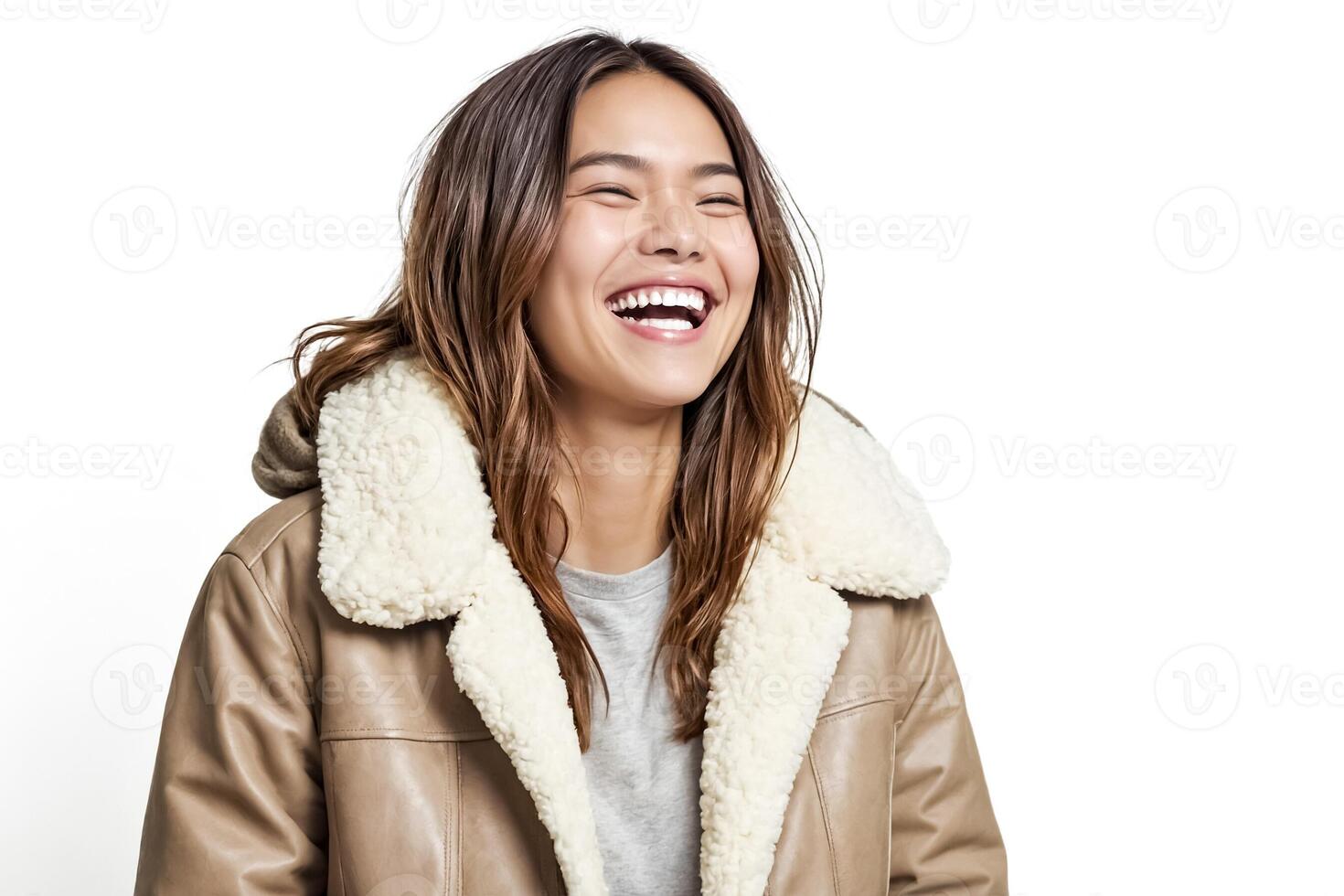 Happy Woman in Brown Leather Jacket with Fur Collar photo