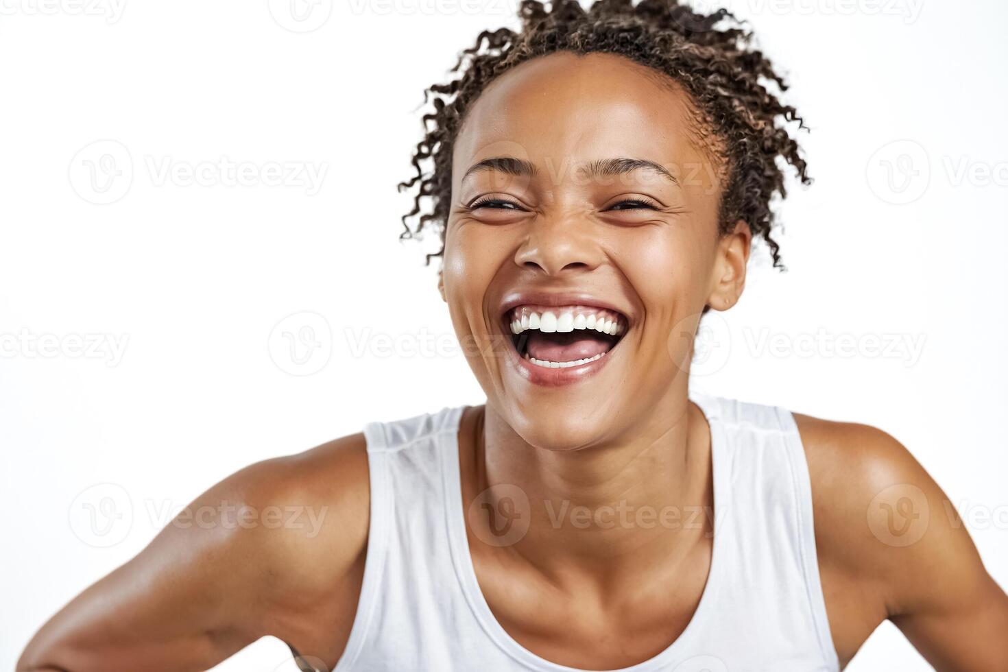 Happy Woman Laughing in Studio photo