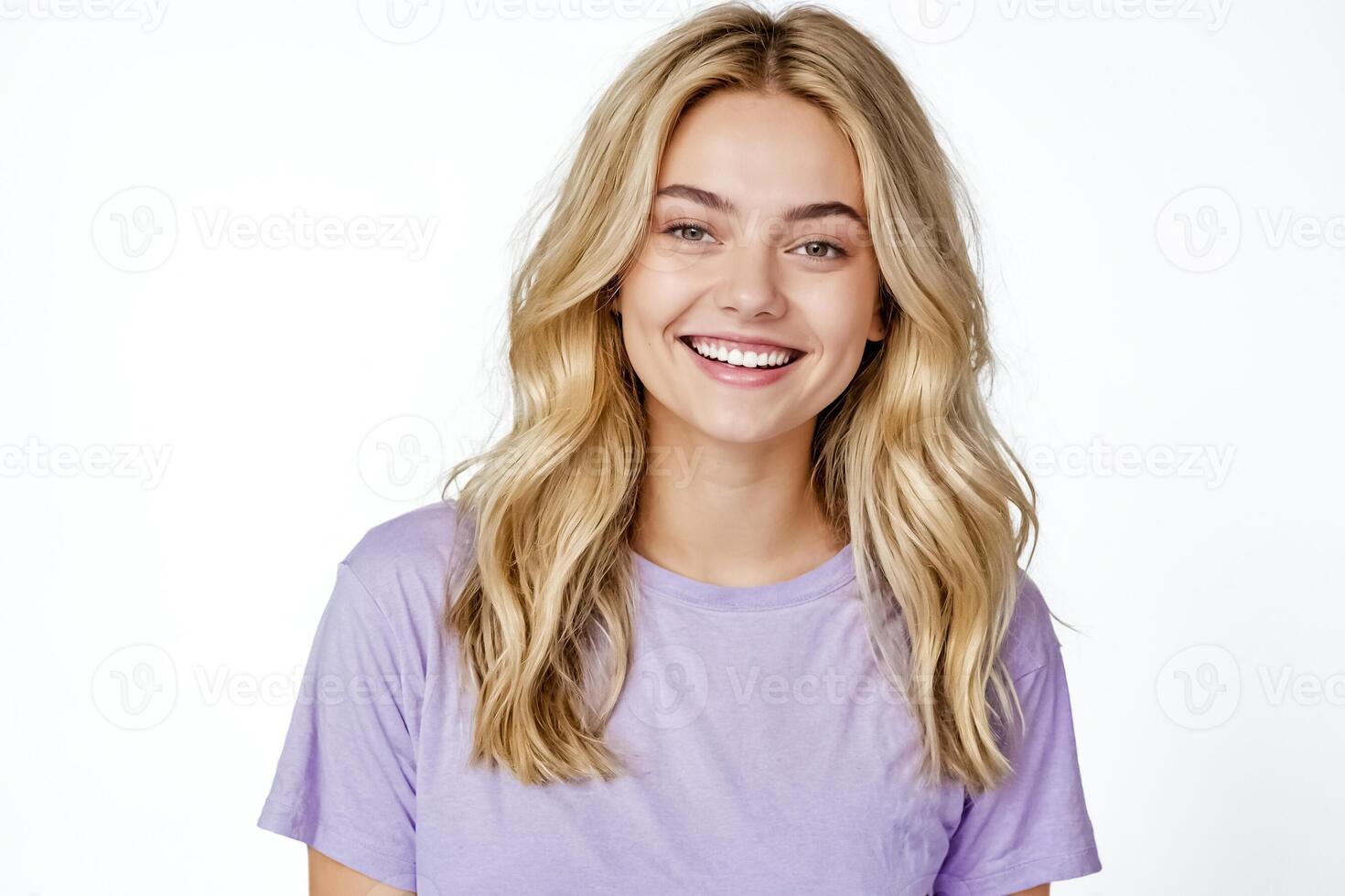 Portrait of a smiling young woman with blonde hair and purple shirt photo