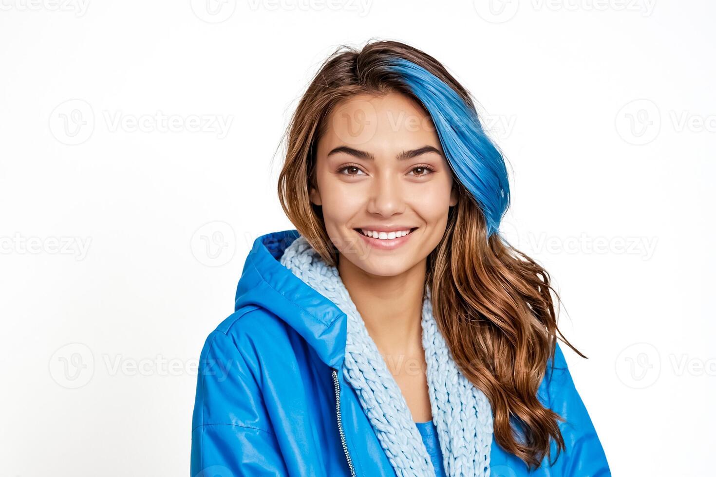 Portrait of a smiling young woman with blue hair photo
