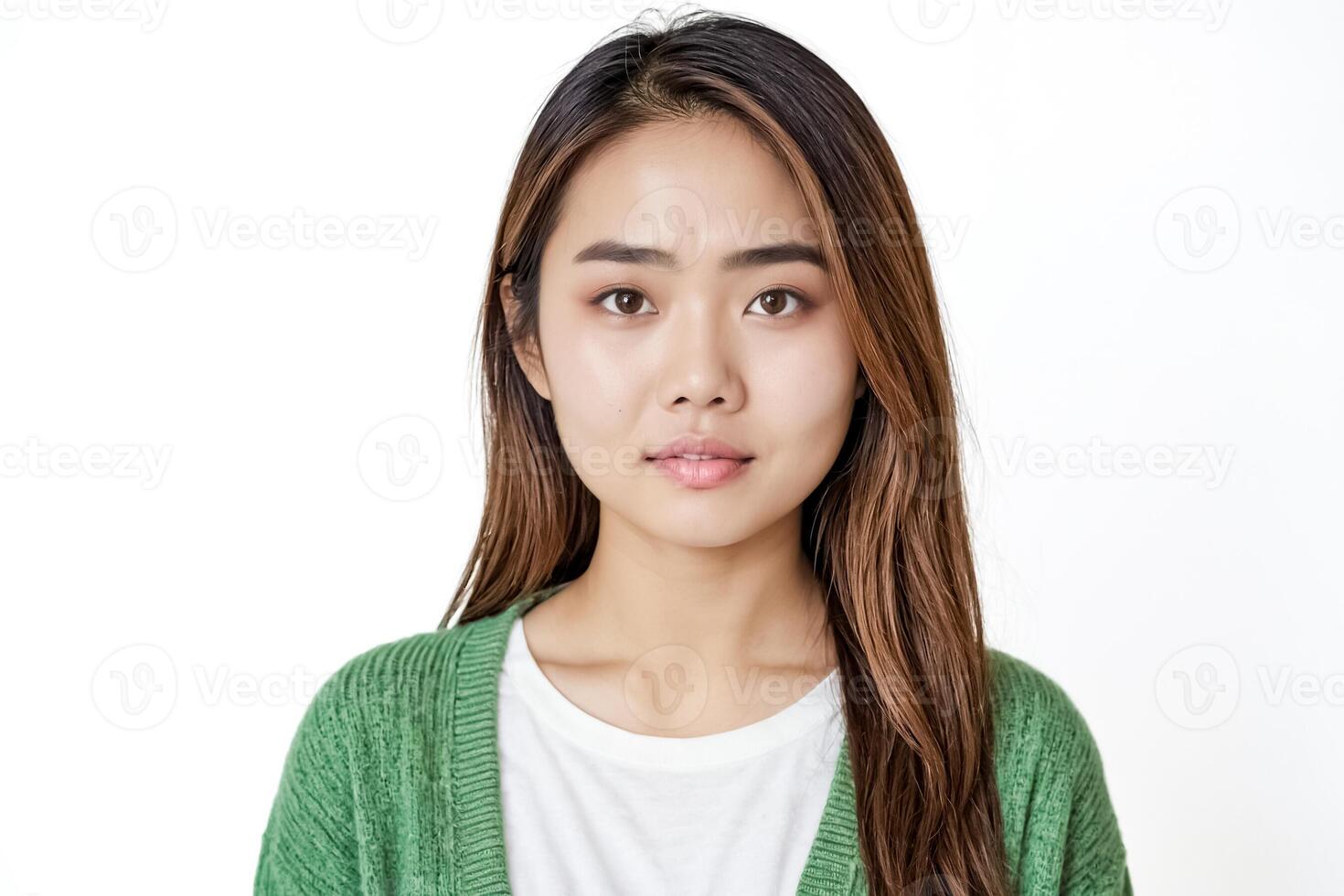 Portrait of a young Asian woman with long brown hair, wearing a green sweater photo