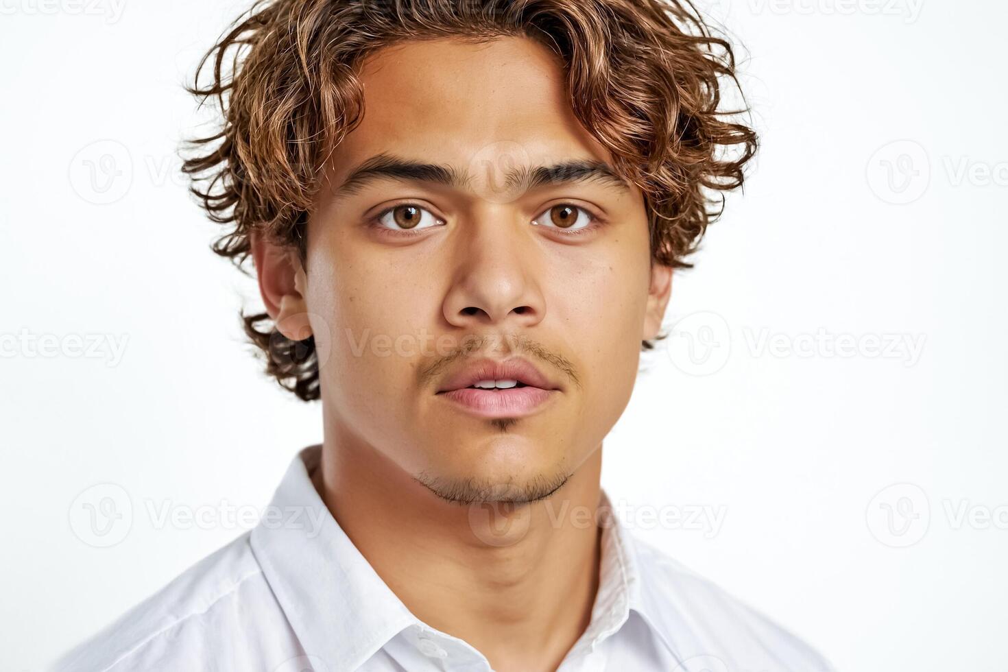 Young man with curly hair and beard looking at camera photo