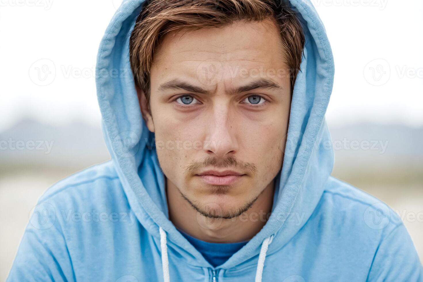 Young man with blue eyes in a blue hoodie photo