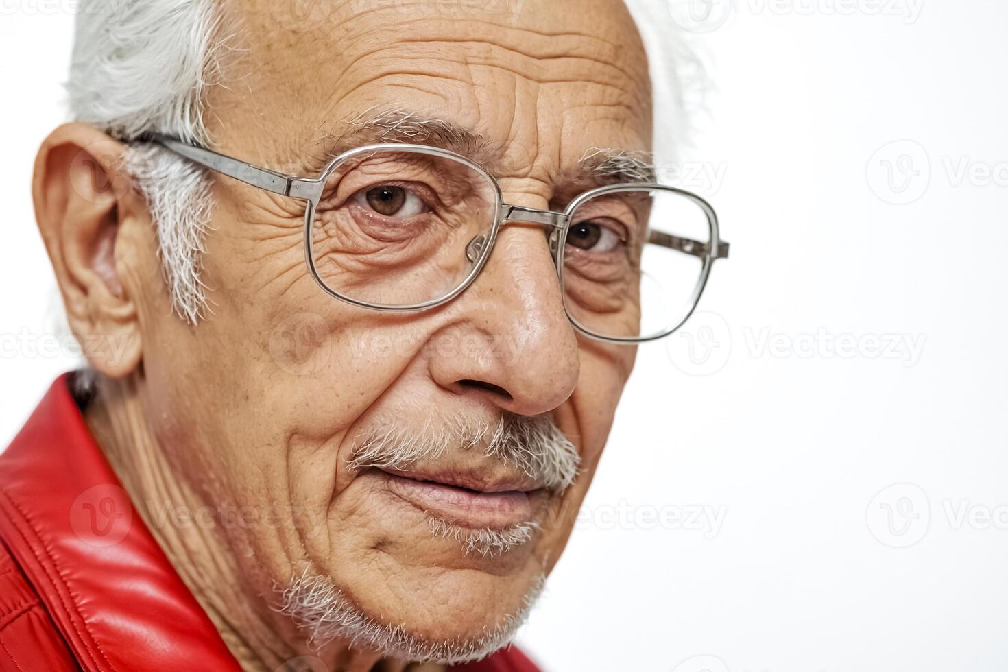 Close-up portrait of a senior man with glasses and a mustache photo