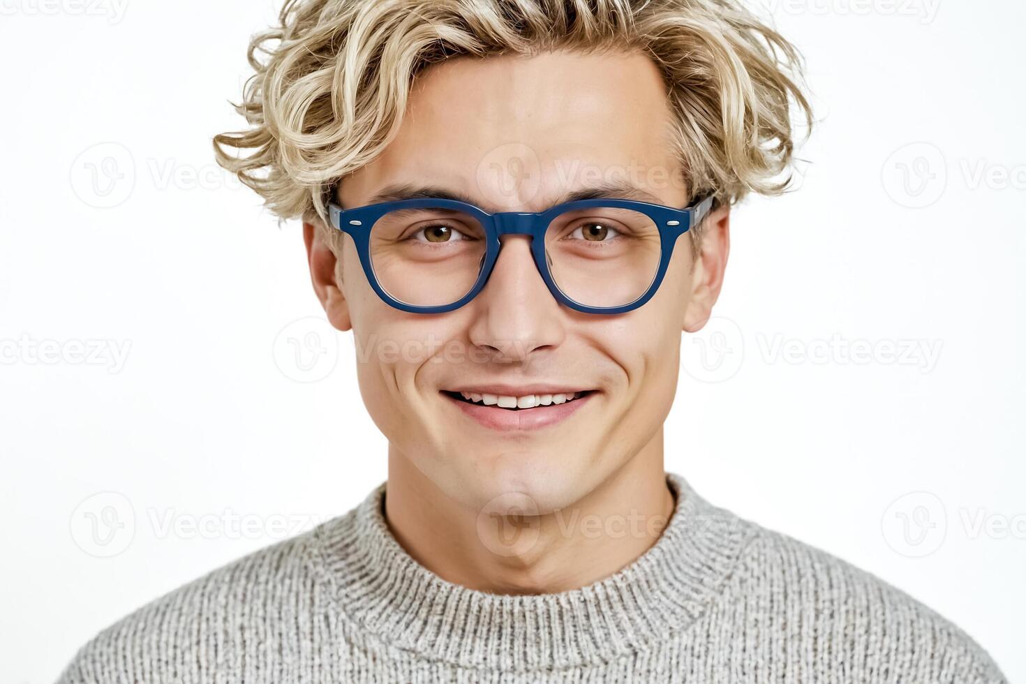 Portrait of a smiling man with blond curly hair wearing glasses photo