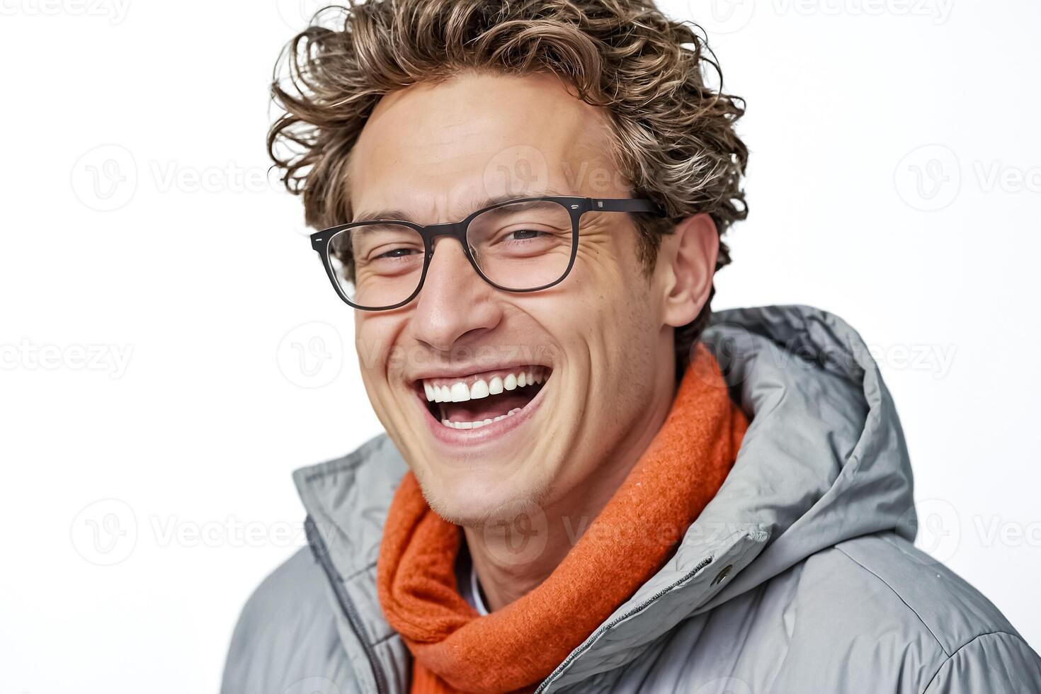 Man laughing with glasses and orange scarf photo