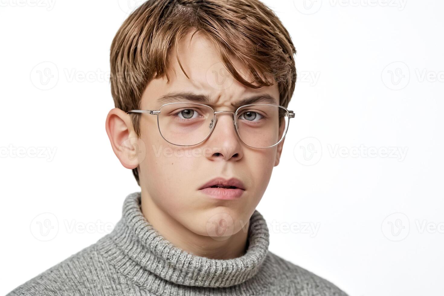 Portrait of a pensive teenage boy wearing glasses photo