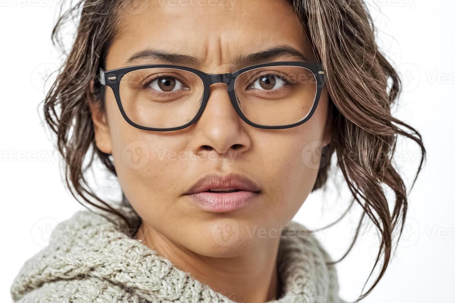 Close-up of a young woman wearing glasses and a sweater photo