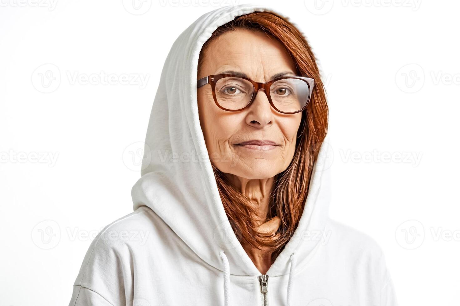 Portrait of a Woman Wearing a White Hoodie and Glasses photo