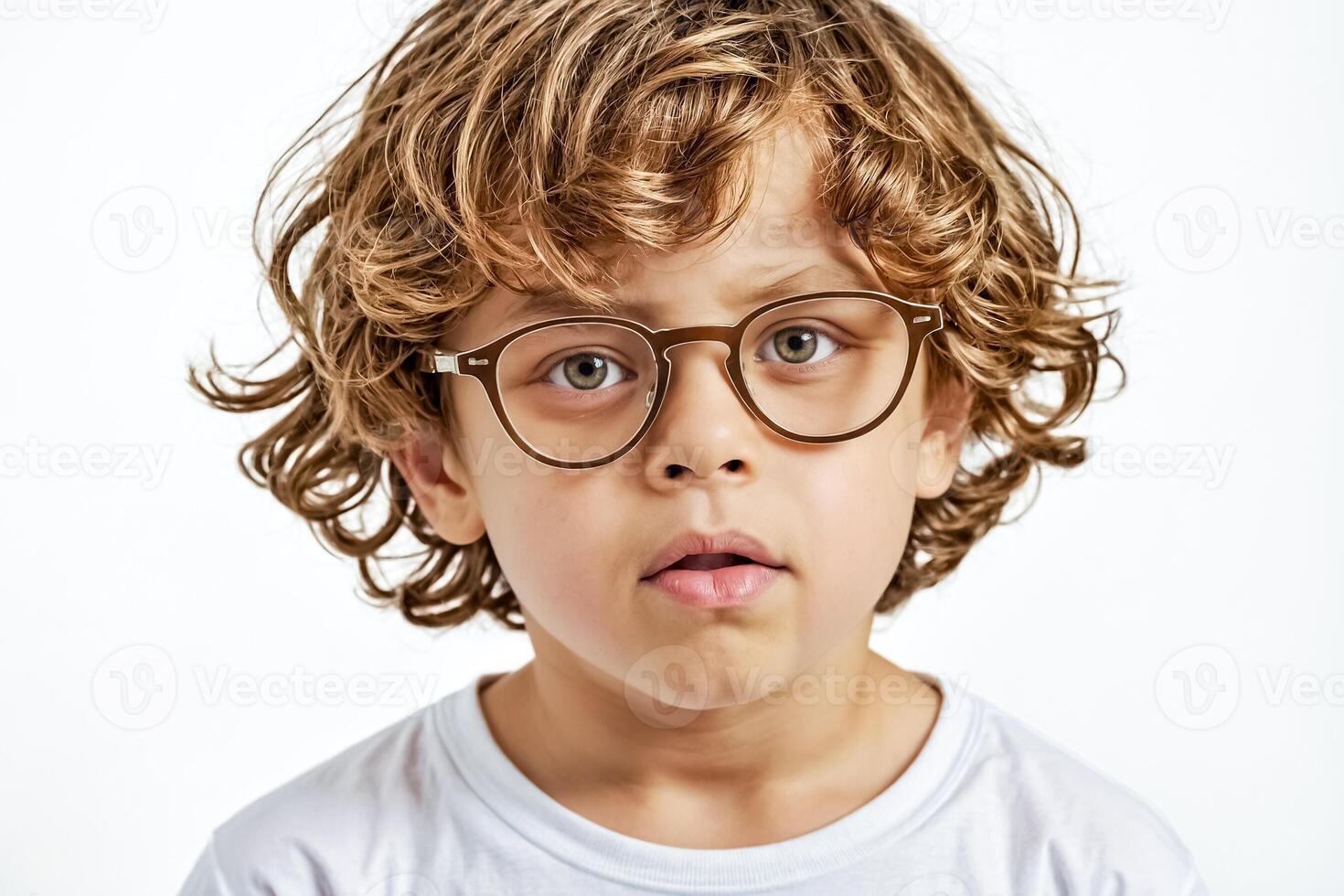 Boy with curly hair wearing glasses and looking at the camera photo