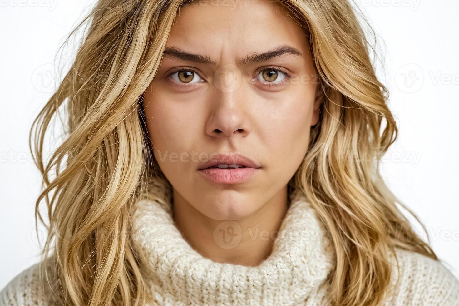 Close up portrait of a beautiful young woman with blonde hair and blue eyes photo