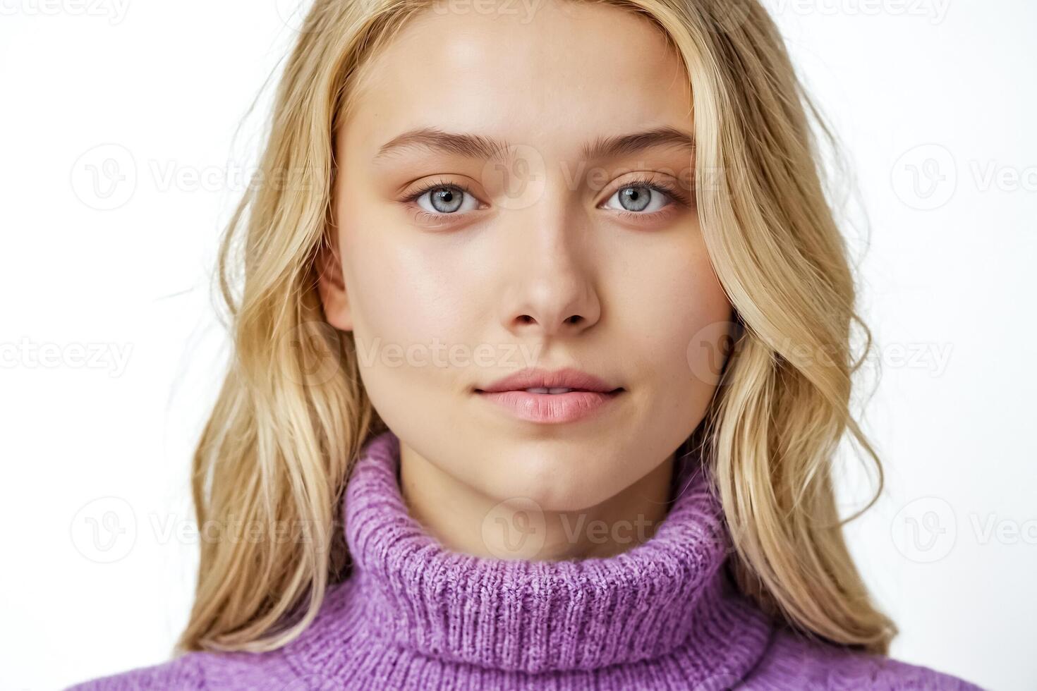 Close-up Portrait of Young Woman with Blonde Hair and Blue Eyes photo