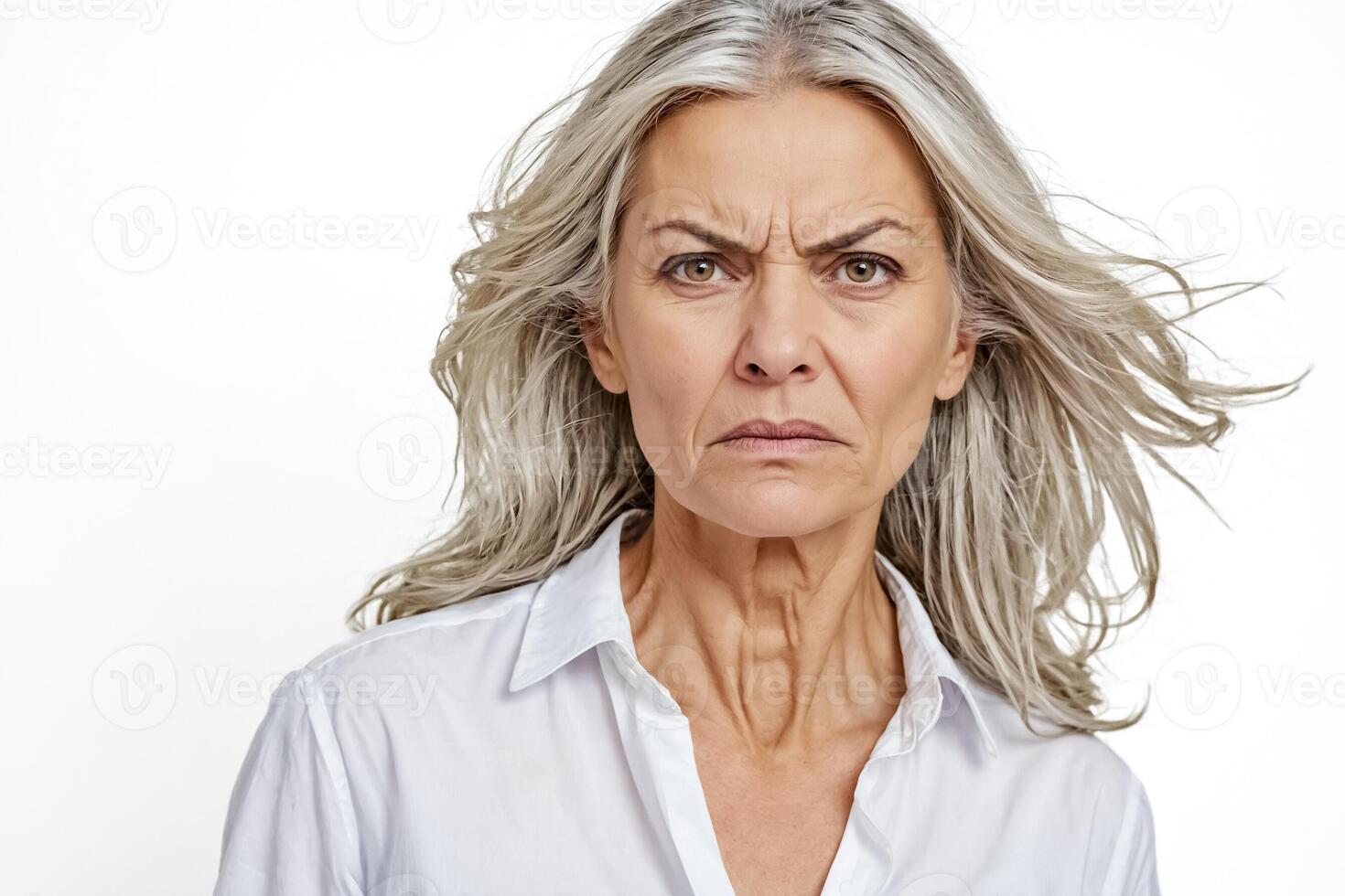 Close-up of a woman's face with a frown, looking directly at the camera photo