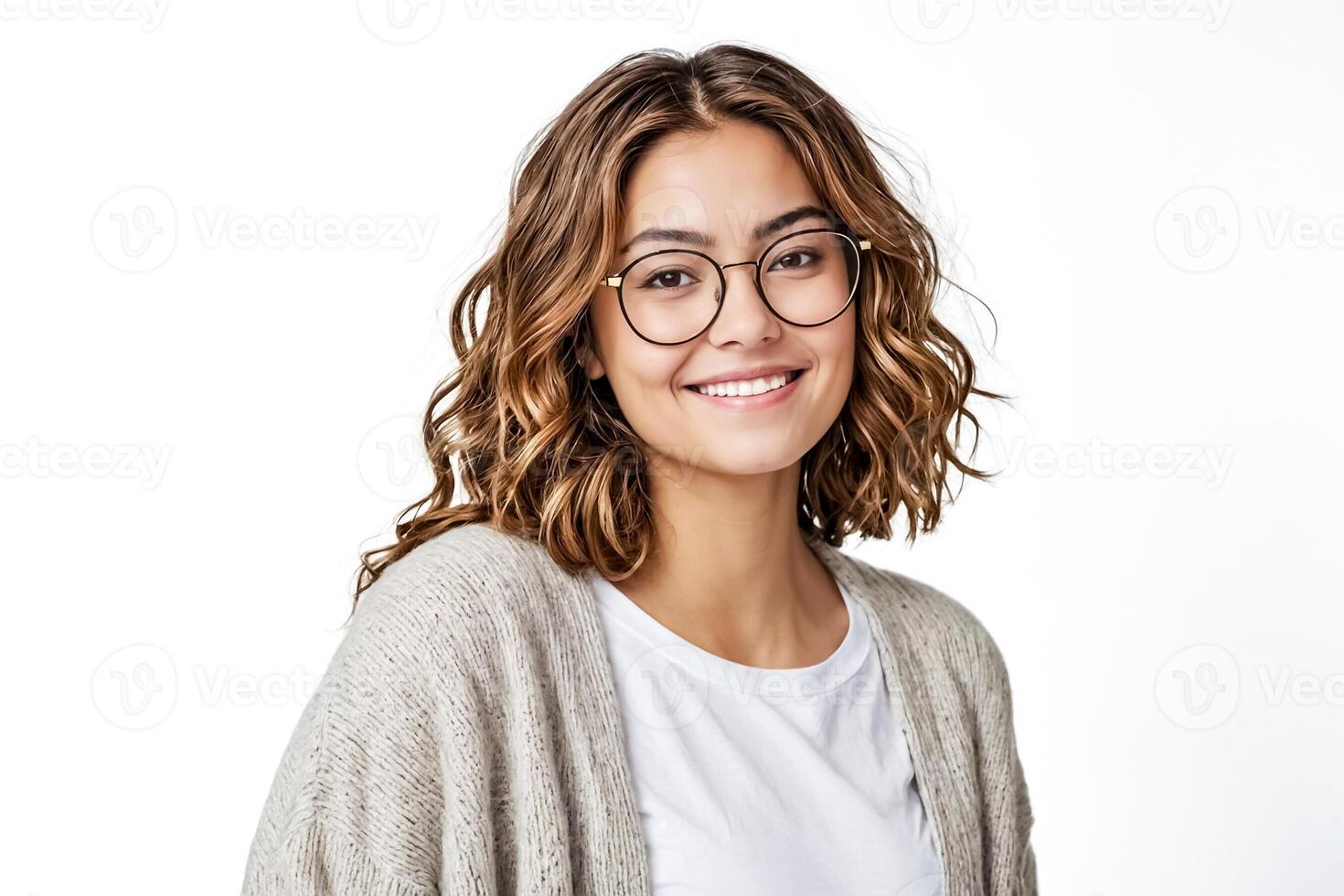 Portrait of a young woman wearing glasses and a cardigan, smiling photo