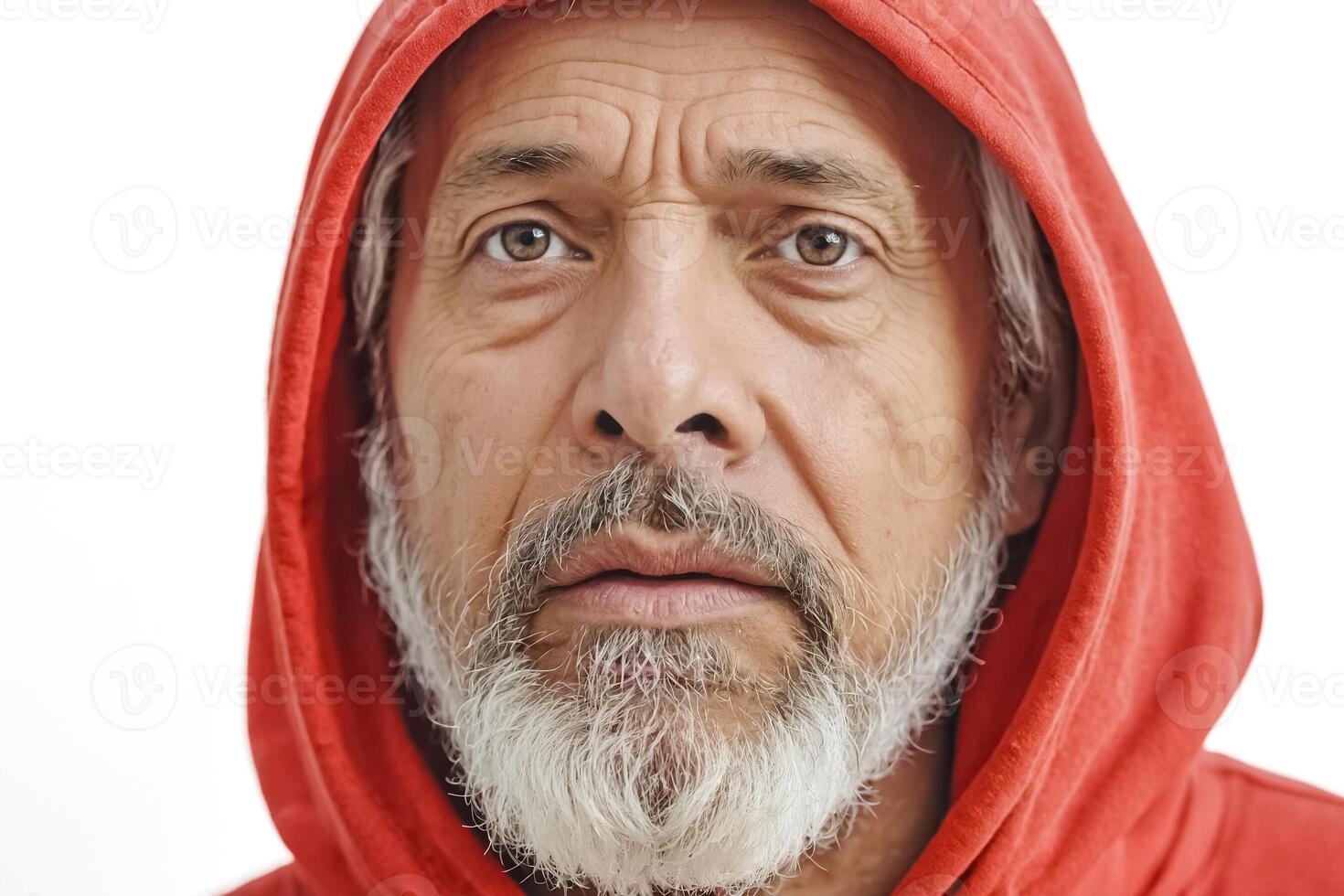Close up portrait of a man with a grey beard in a red hoodie photo