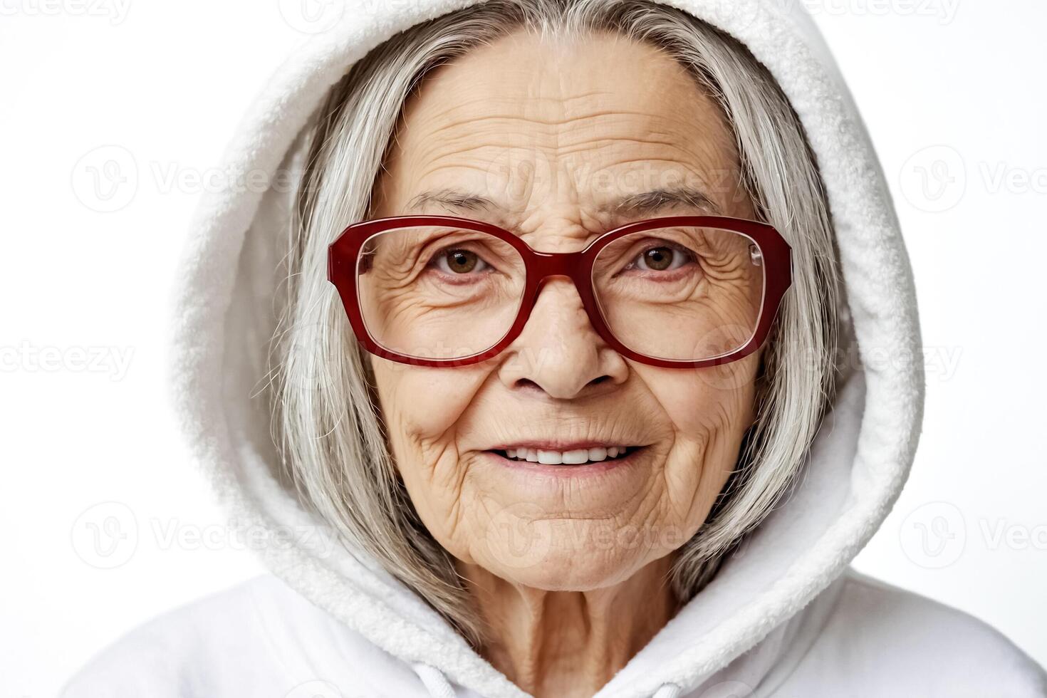 Close-up portrait of a smiling senior woman in a white hoodie photo
