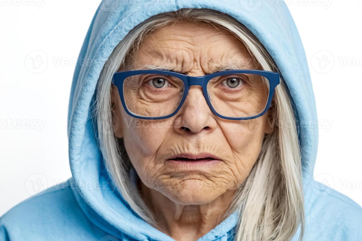 Close-up portrait of a senior woman in a blue hoodie photo