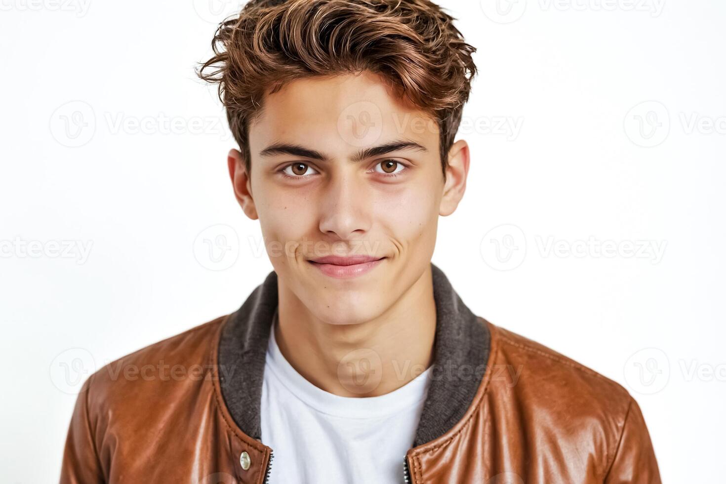 Portrait of a young man wearing a brown leather jacket photo