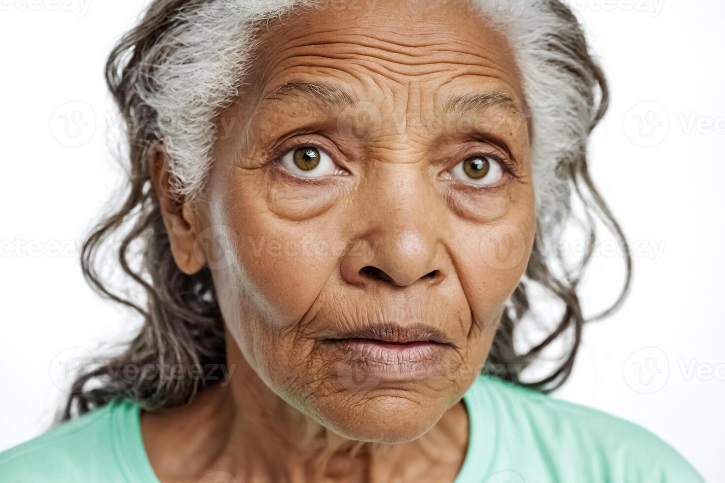 Close Up Portrait of Senior Woman with Wavy Gray Hair photo