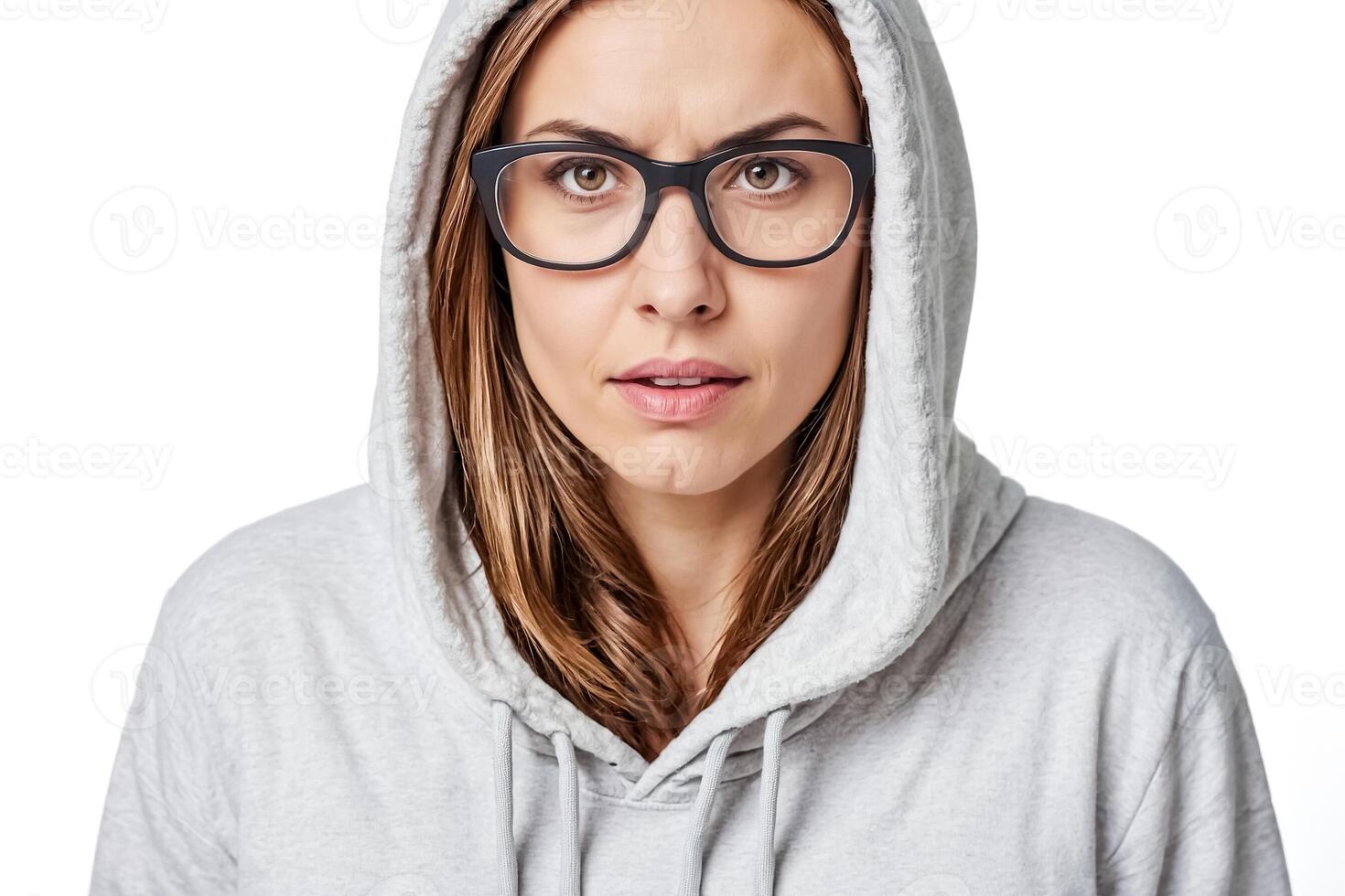 Young woman in a gray hoodie and glasses looking into the camera photo