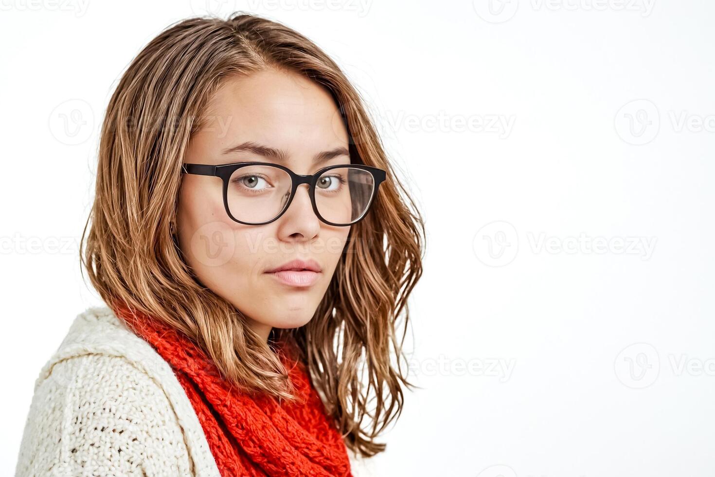 Portrait of a Young Woman with Glasses and a Red Scarf photo
