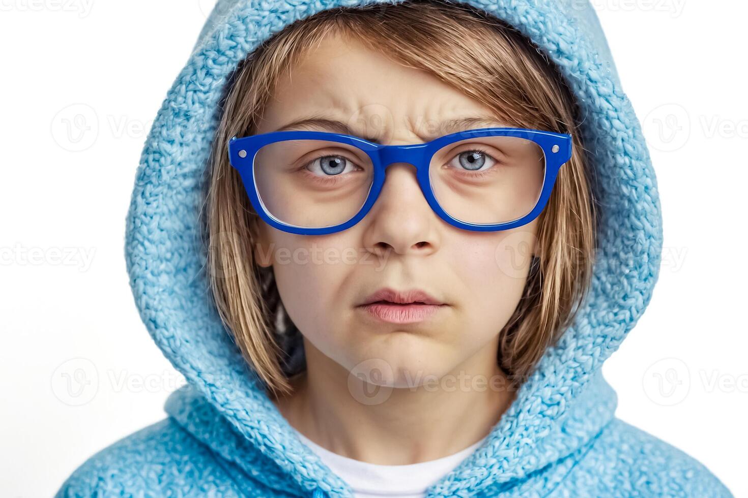 Young girl wearing blue hoodie and glasses looking thoughtfully photo