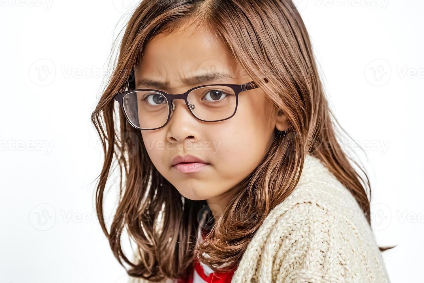 Young girl with glasses looking thoughtfully photo
