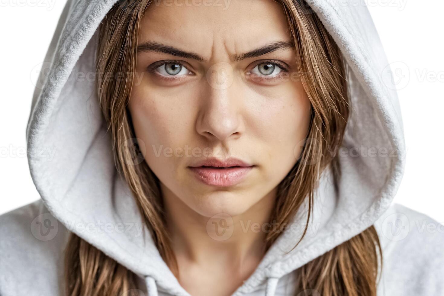 Close-up portrait of a young woman with a serious expression photo
