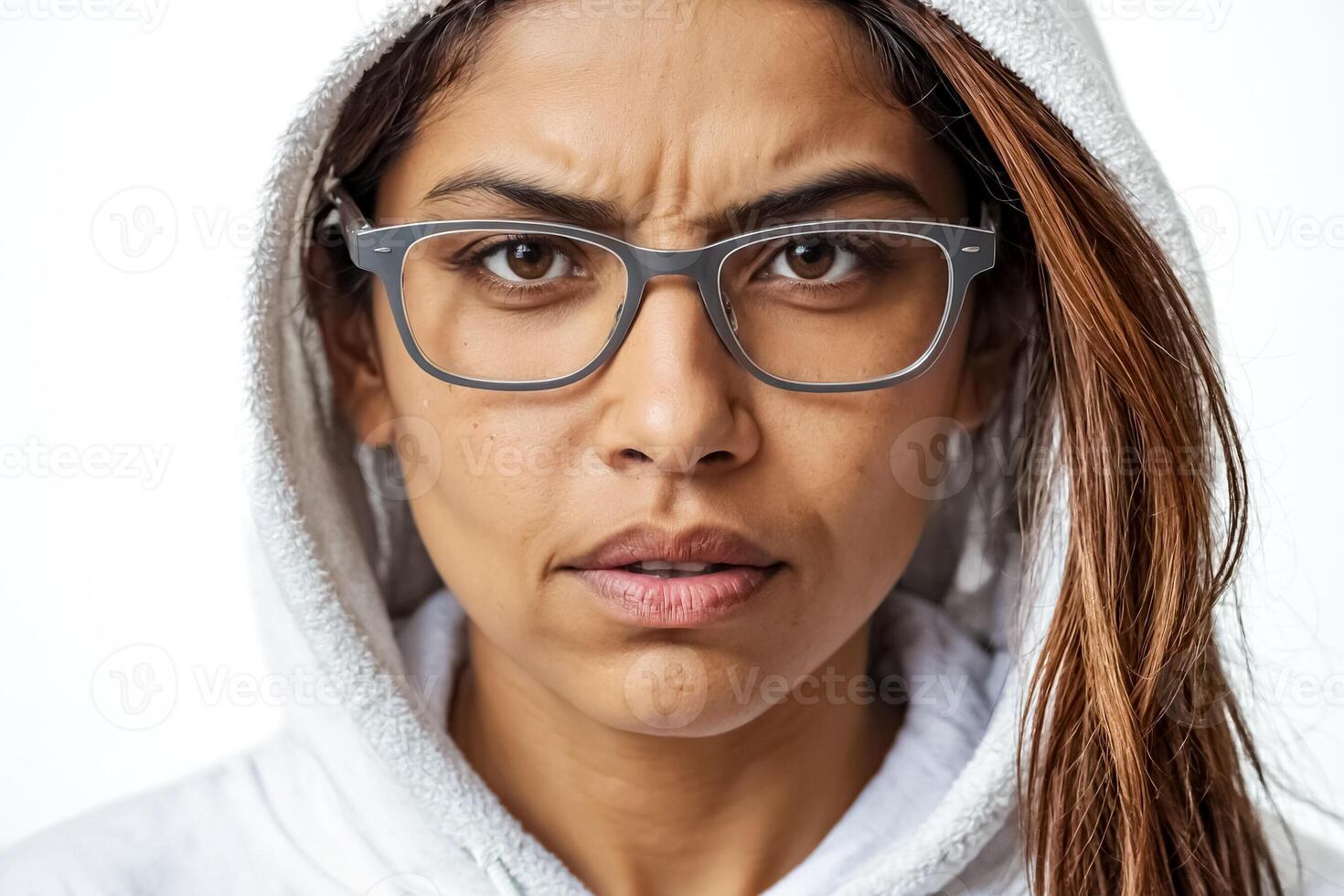Portrait of a young woman with glasses looking thoughtful photo