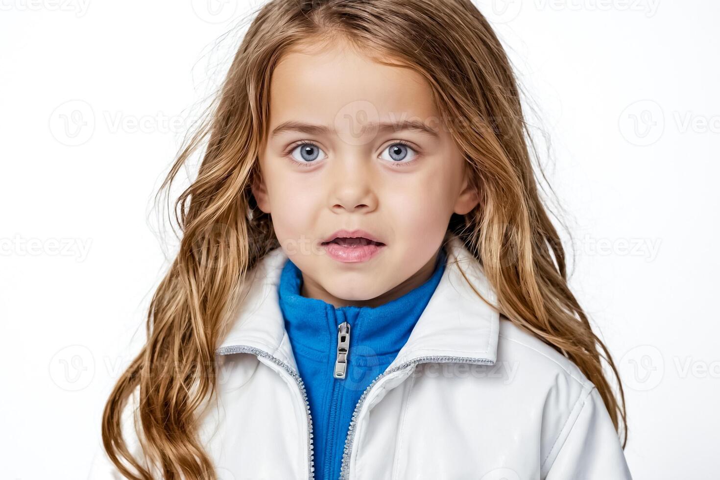 Portrait of a Young Girl with Blue Eyes and a White Jacket photo
