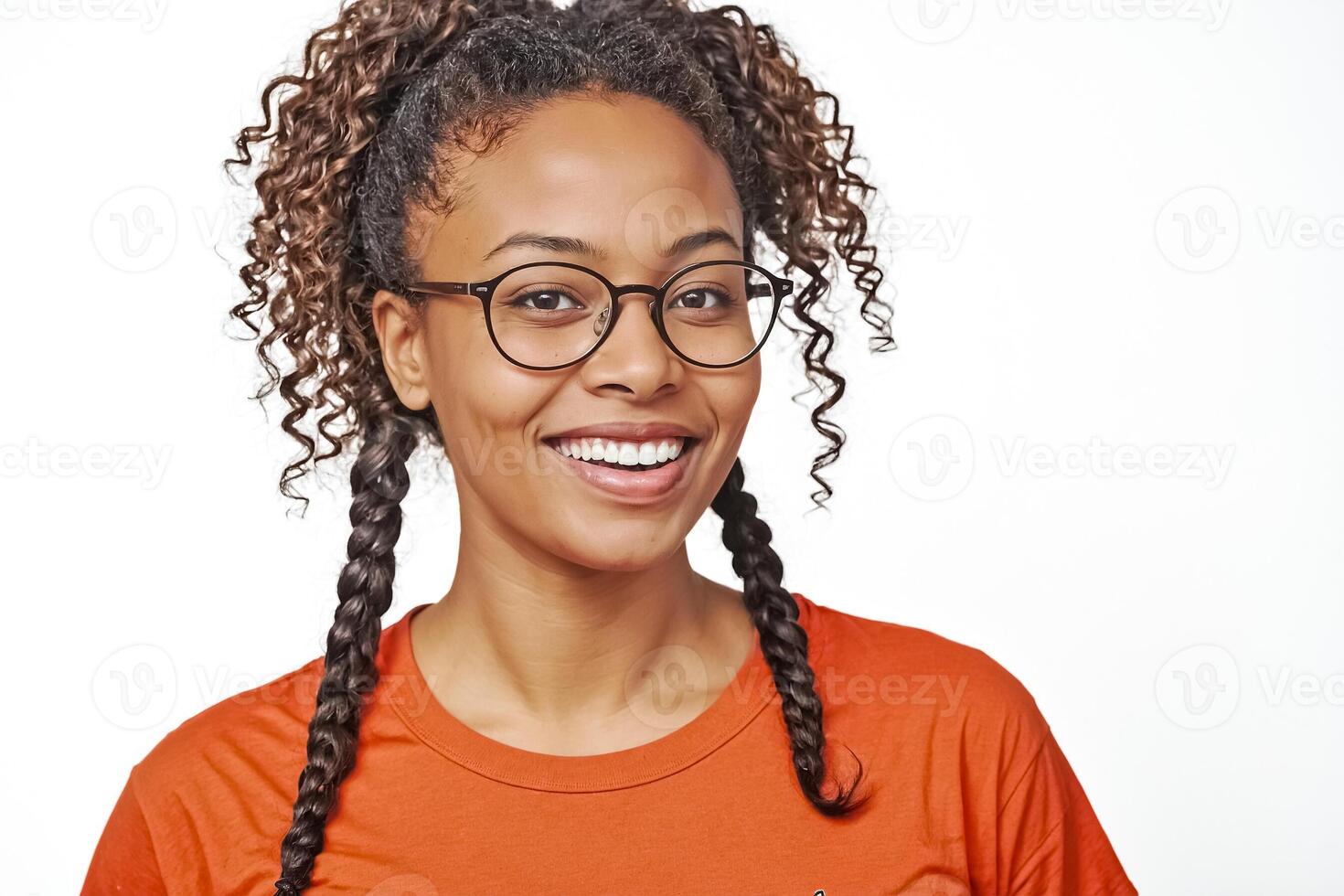 Portrait of a Smiling Young Woman with Braids and Glasses photo