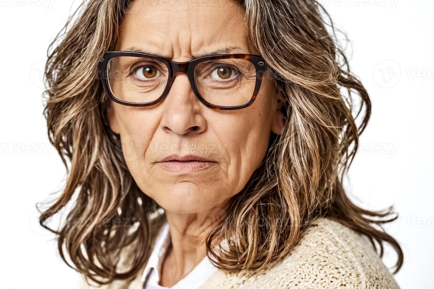 Close-up portrait of a woman with a skeptical expression photo