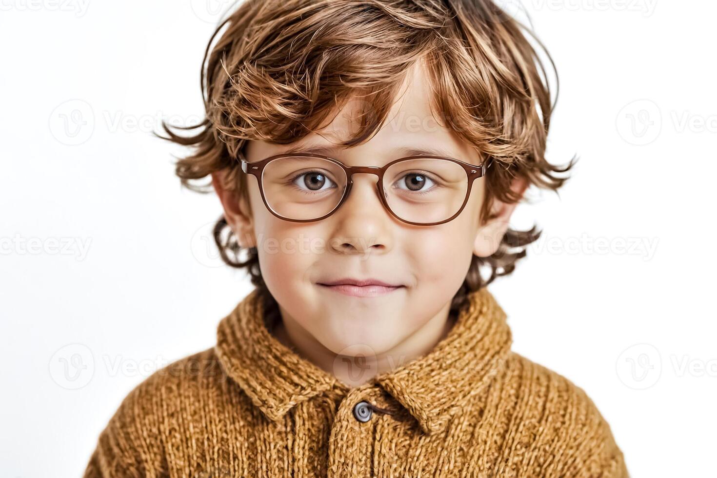 Portrait of a young boy wearing glasses and a brown sweater photo