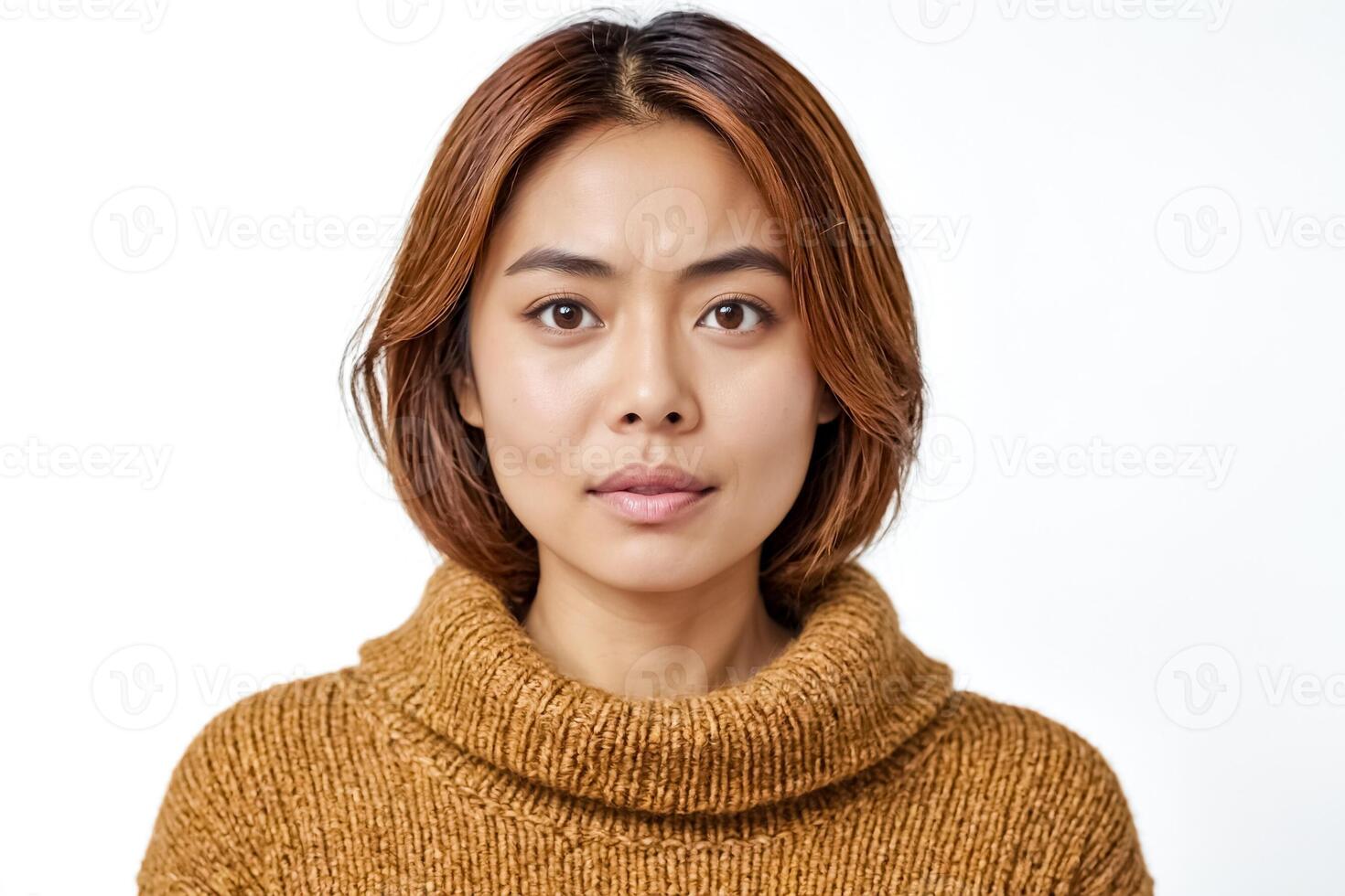 Portrait of a young woman with brown hair and a brown sweater photo