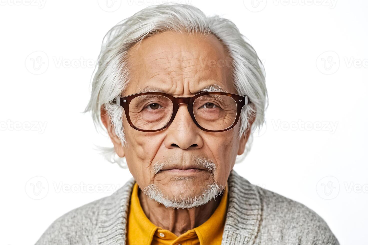 Portrait of an elderly Asian man with white hair and a serious expression photo