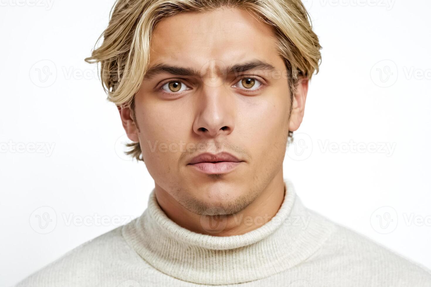Close-up Portrait of a Young Man with Blonde Hair and a Serious Expression photo