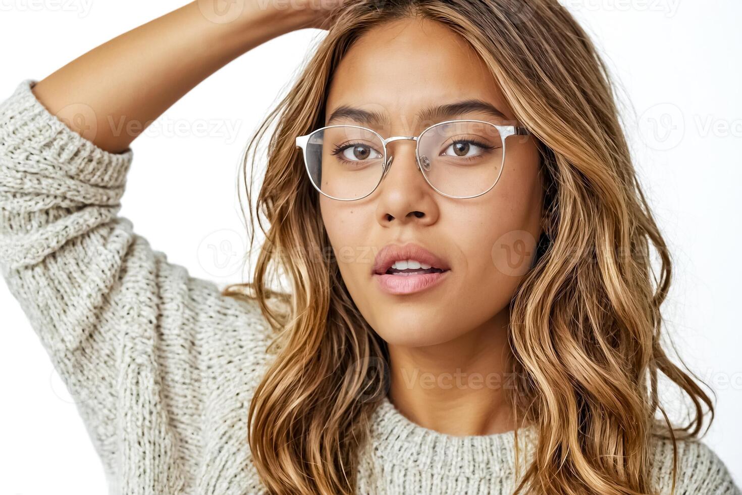 Portrait of a young woman with long blonde hair wearing glasses photo