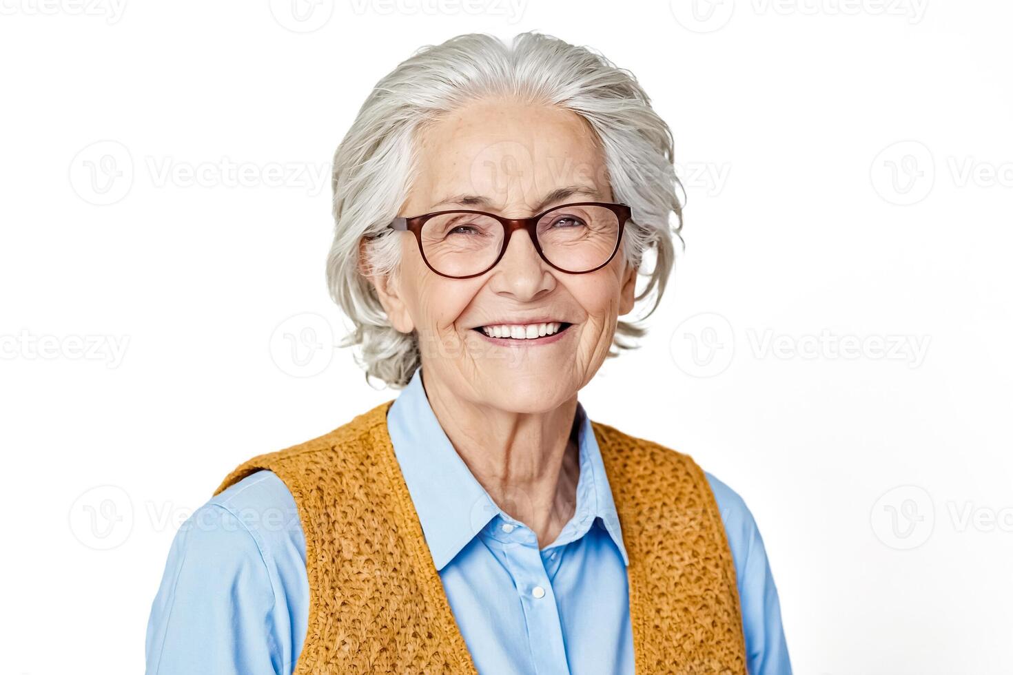 Portrait of a smiling senior woman with gray hair and glasses photo
